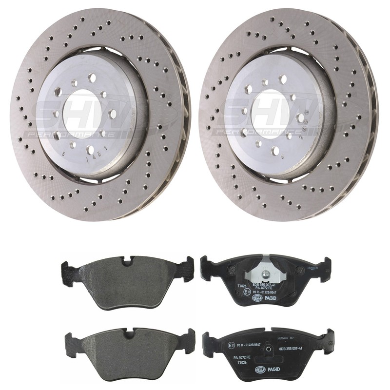 SHW Performance Front Rotors & Hella Low-Met Disc Brake Pad Kit for E46 M3 RWD