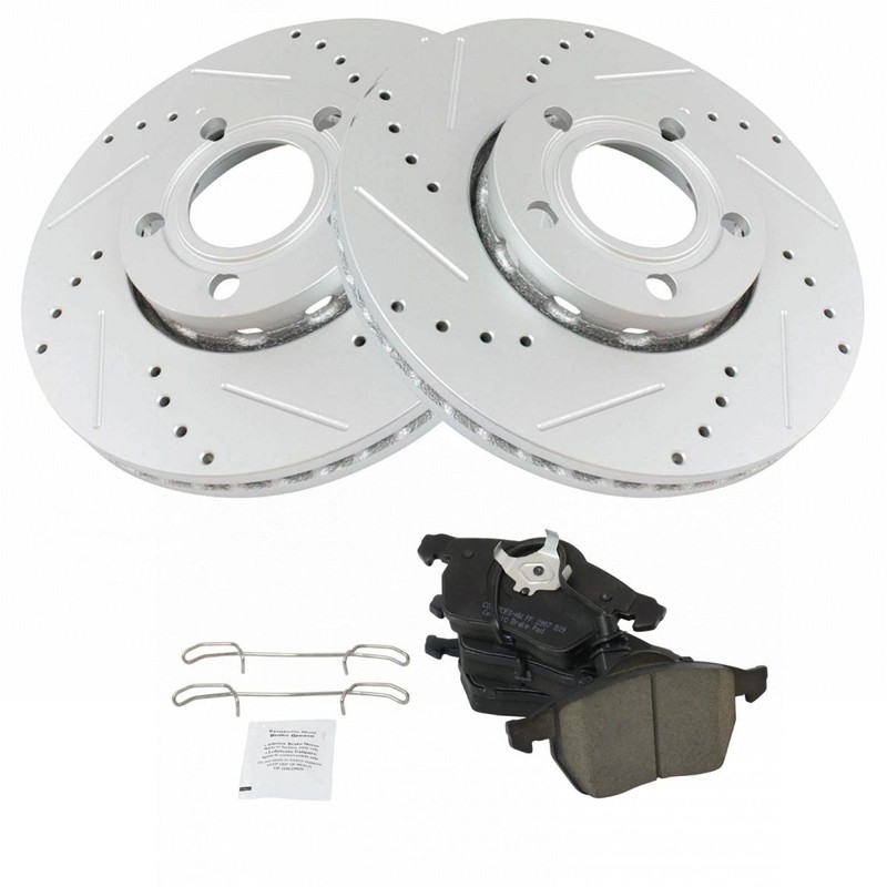 TRQ Front Ceramic Brake Pad & Performance Drilled Slotted Coated Rotor Kit gallery