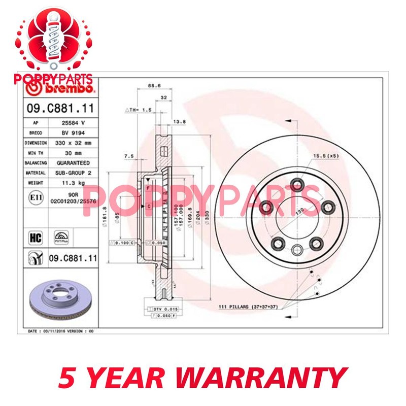 Fits VW Touareg 2002-2018 Porsche Cayenne 2002-2010 Brake Disc Front Poppy
