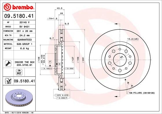 Brembo 09.5180.41 Brake Disc for Fiat