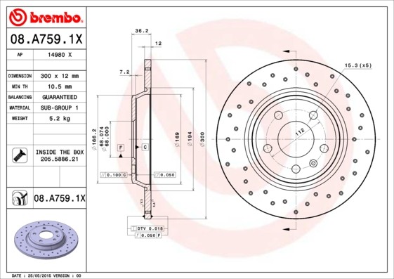 Brembo 08.A759.1X Brake Disc for Audi, Audi (FAW), VW (SVW)