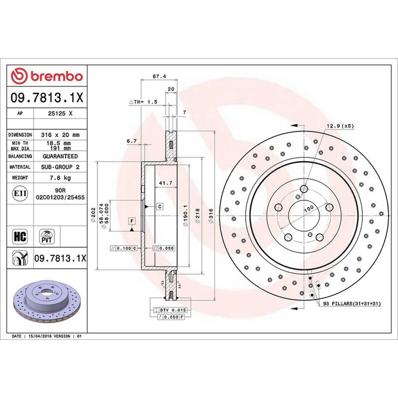 Brembo Xtra Line Vented Brake Disc Pair – Drilled – 09.7813.1X Fits Subaru