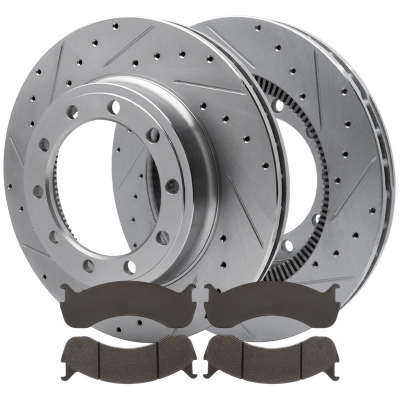 Front Vented, Drilled & Slotted Brake Rotors & Pads for Ford F-750 08-04; 381mm