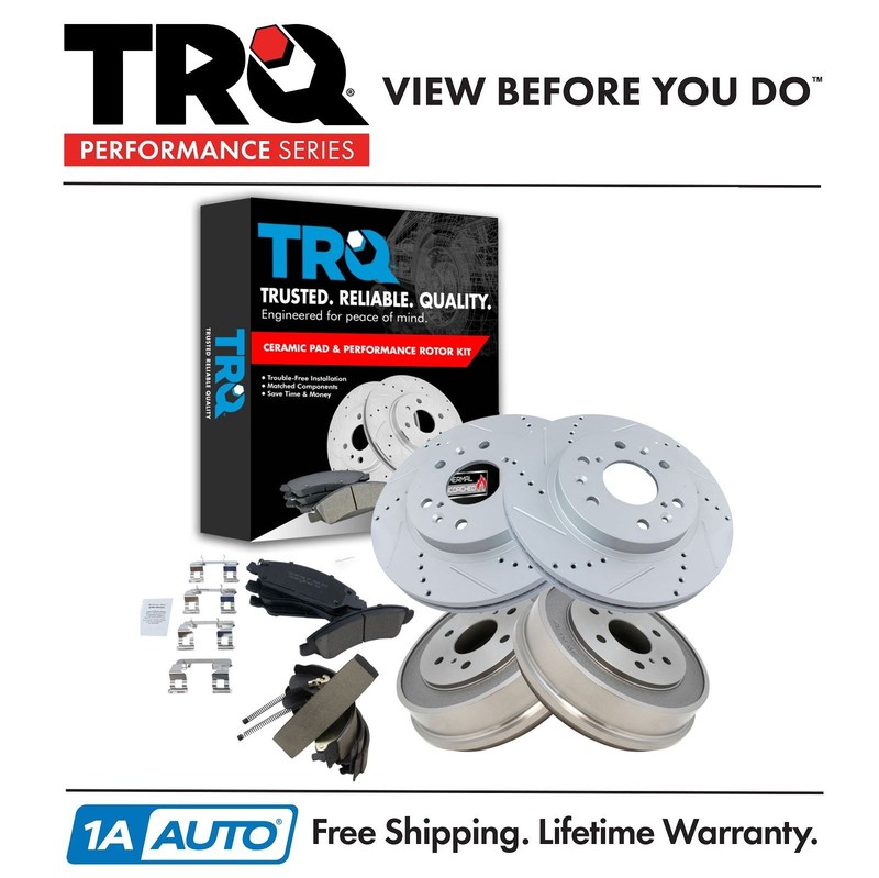 TRQ Front & Rear Ceramic Brake Pad Performance Rotor Rear Drum & Shoe Kit