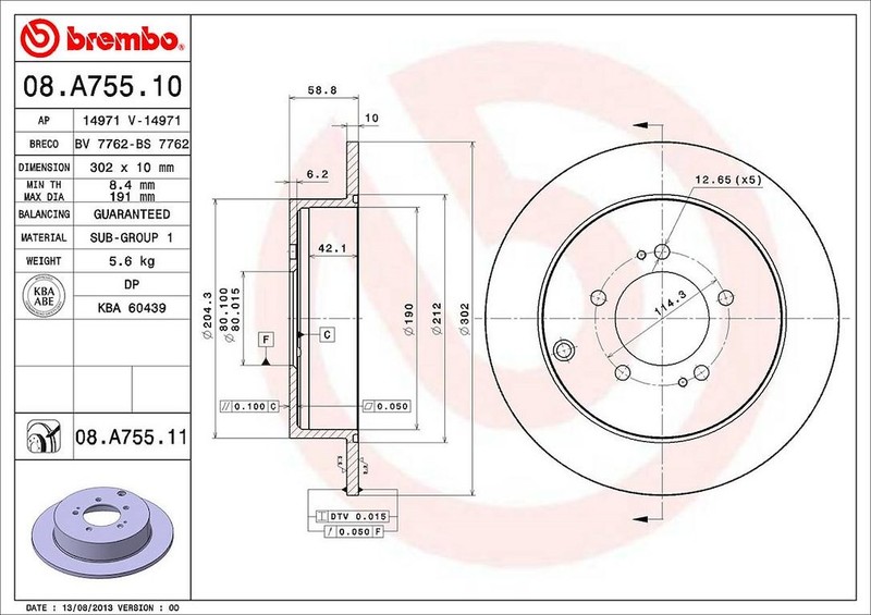Brembo 08A75511C02 Brake Rotor Solid Wheel Bolt Pattern 5 x 114.3mm Single gallery