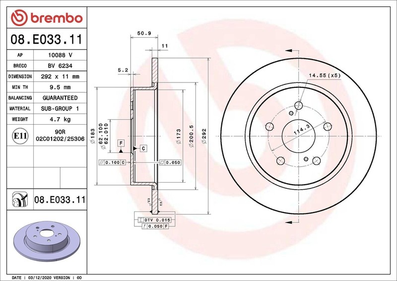 1X brake disc BREMBO 8.E033.11 for Toyota C-HR (_X1_) 2 2016-