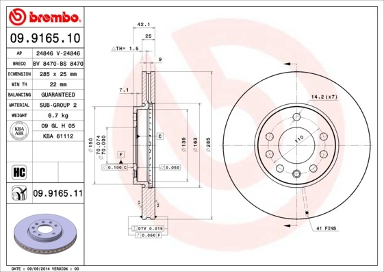 Brembo 09.9165.11 Brake Disc for, Baic, Cadillac, Chevrolet, Opel, Saab, Vauxhall
