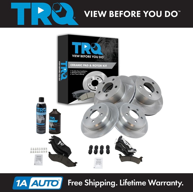 TRQ Front & Rear Ceramic Brake Pad 4 Rotor Kit w/Fluids for Jeep Grand Cherokee