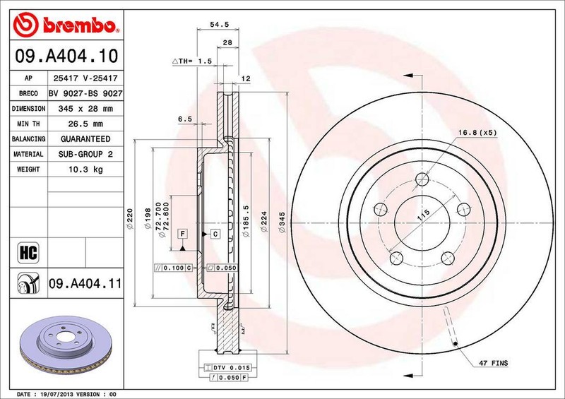 Brembo 09.A404.11 345mm Front Disc Brake Rotor for 2006-2021 Dodge Charger gallery