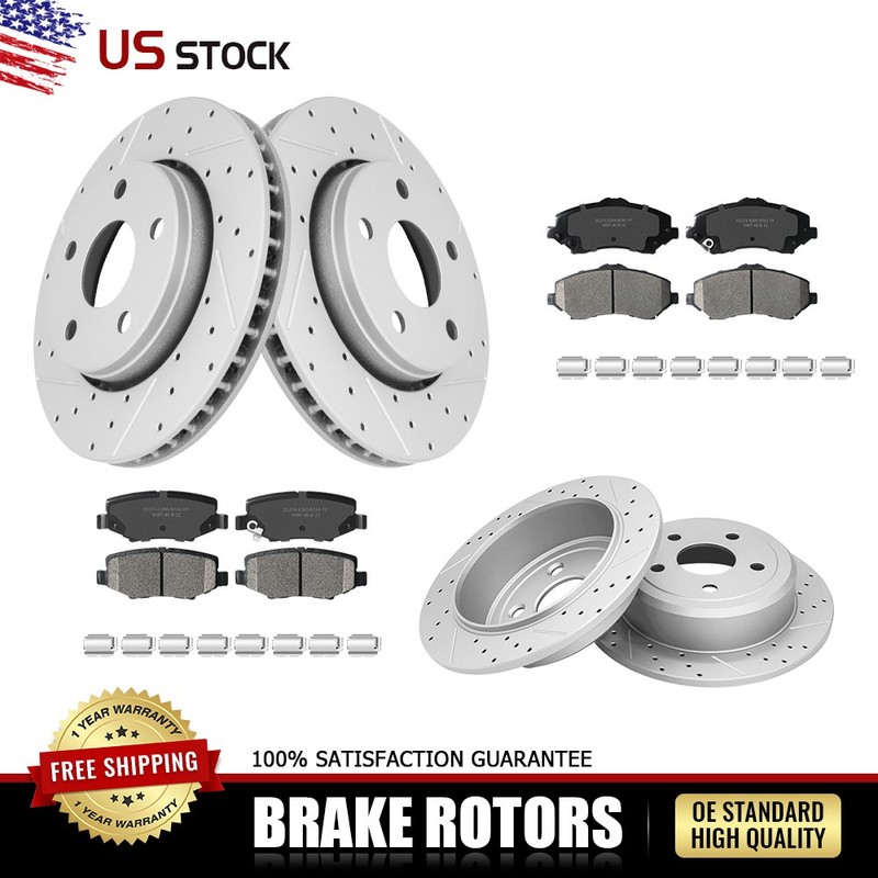Front & Rear Drilled Rotors and Brake Pads Set for 2007-2016 2017 Jeep Wrangler