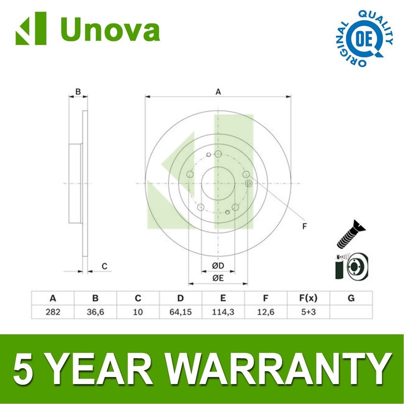 Brake Disc Rear Unova Fits Honda Civic 2017-2021 1.0 1.5 1.6 D + Other Models
