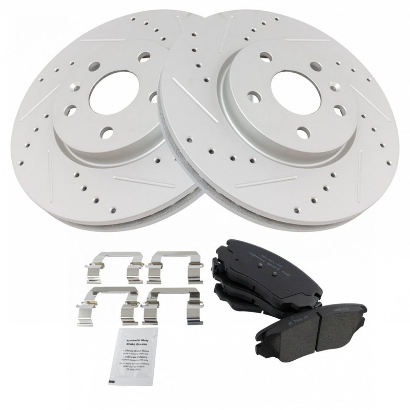 TRQ Front Ceramic Brake Pad & Performance Drilled Slotted Zinc Rotor Kit gallery