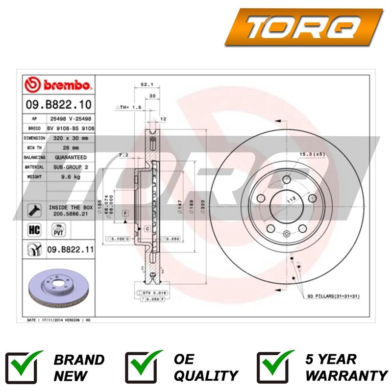 Brake Disc Front Torq Fits Audi Q5 2008-2017 2.0 TDi 3.0 + Other Models