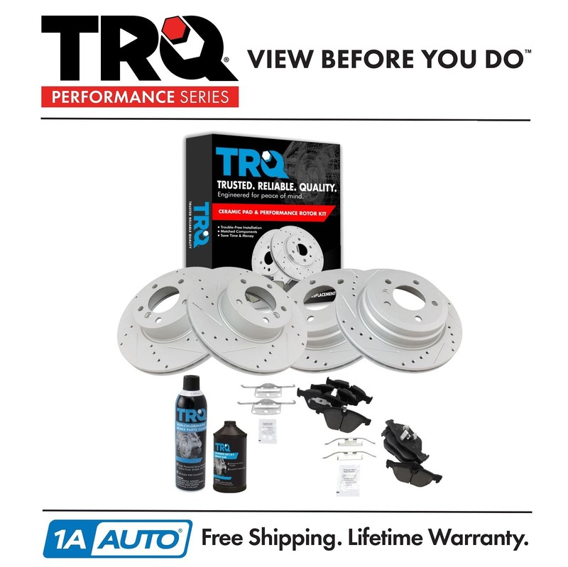 TRQ Brake Rotor Performance & Ceramic Pad Front & Rear Kit w/Chemicals