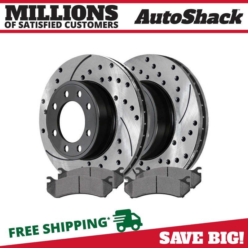Rear Drilled Brake Rotors Black & Pads for 2001-2010 Chevy Silverado 2500 HD V8