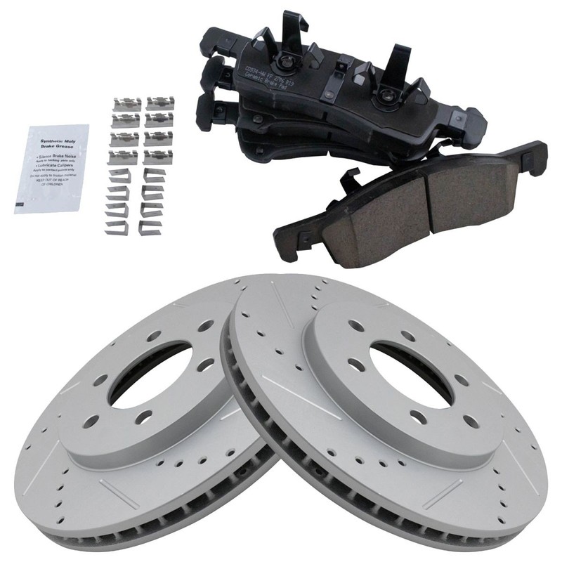 TRQ Front Performance Drilled & Slotted Brake Rotor & Posi Ceramic Pad Set gallery