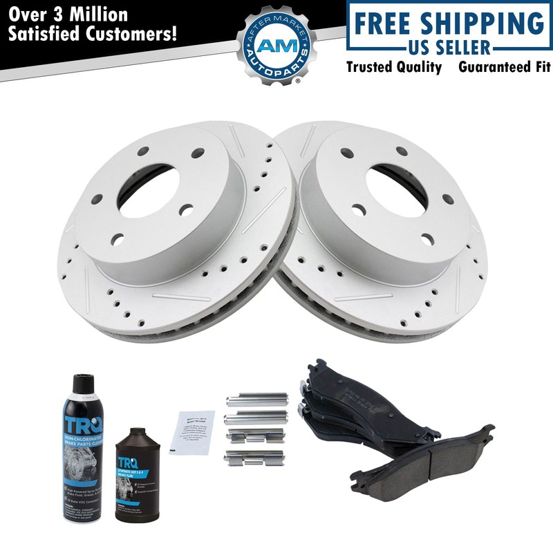 Front Ceramic Brake Pad & Performance Drilled Slotted Rotor Kit w/Chemicals