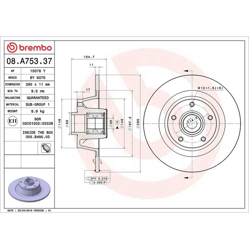 Brembo Prime Line With Bearing Kit Solid Brake Disc 08.A753.37 Fits Renault