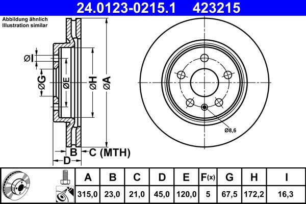 ATE 24.0123-0215.1 Brake Disc for Opel, Vauxhall