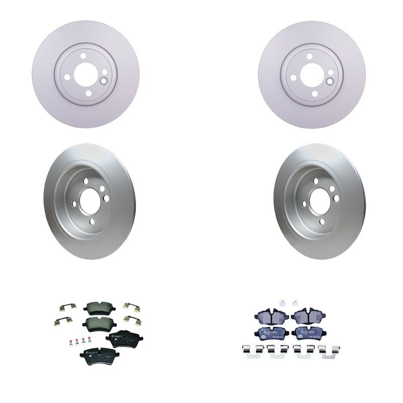 Hella Front & Rear Rotors Low-Met Disc Brake Pad Kit For Mini R52 R55 R56 Cooper