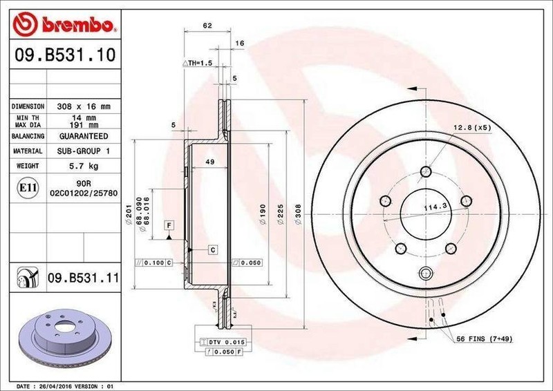 Brembo 09.B531.11 307mm Rear Disc Brake Rotor for 2009-2022 Nissan Murano gallery