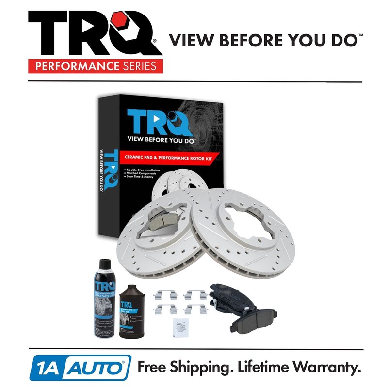 TRQ Performance Rotor Front & Ceramic Brake Pad w/ Hardware Kit w/Chemicals