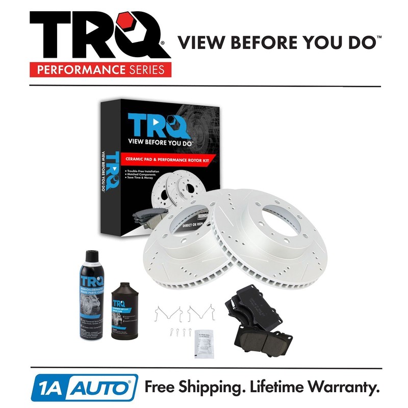 TRQ Front Performance & Brake Rotor & Ceramic Pad Kit w/Chemicals