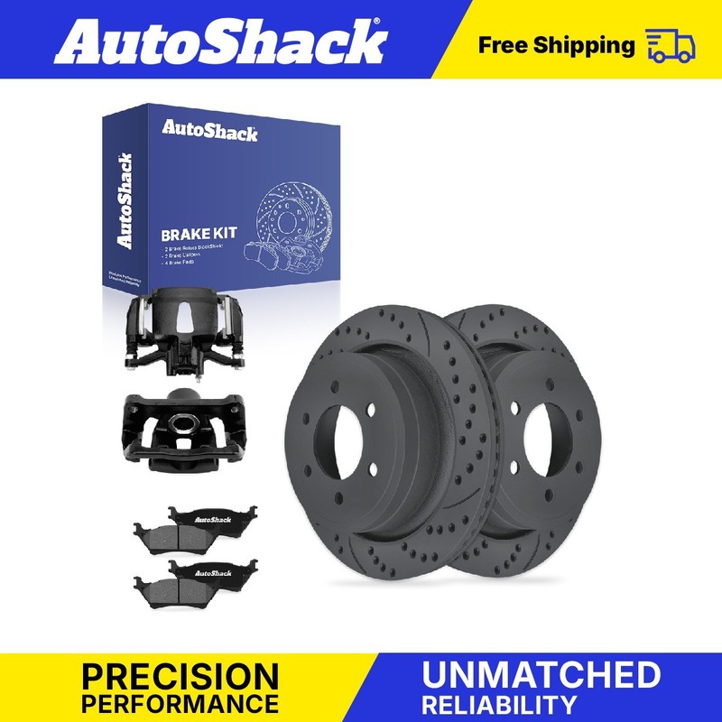 Rear Drilled Slotted Brake Rotors Pads Calipers Black for Ford, F-150 12-16, 18
