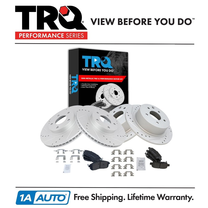 TRQ Performance Drilled Slotted Rotor & Semi-Metallic Brake Pad Front & Rear Kit