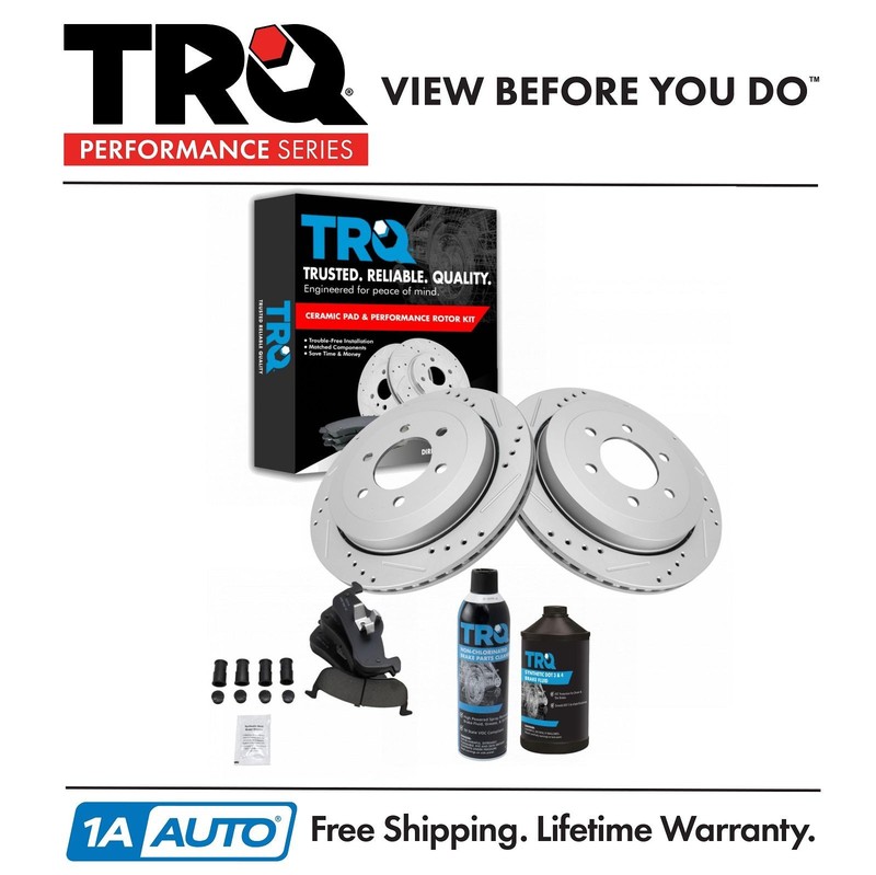 TRQ Rear Ceramic Brake Pads & Performance Rotors w/ Fluids for Ford Lincoln SUV