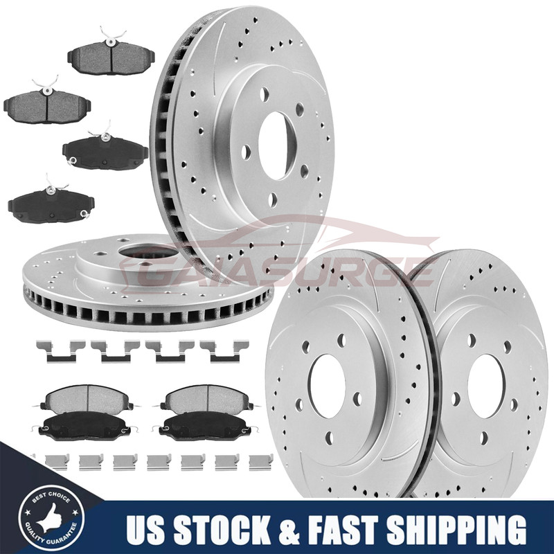 For 2005-2010 Ford Mustang Front and Rear Drilled Disc Rotors Ceramic Brake Pads