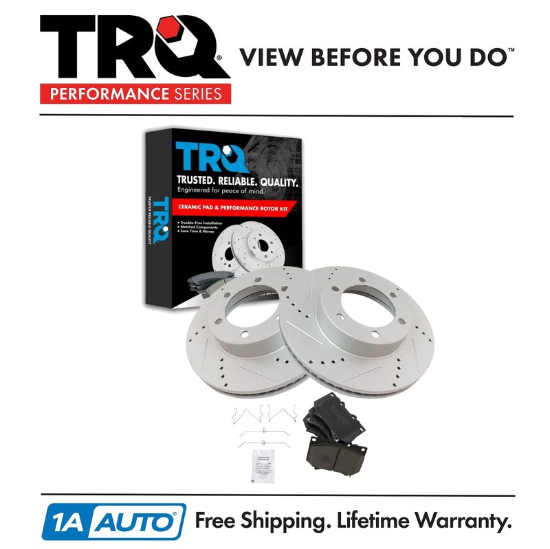 TRQ Front Posi Ceramic Disc Brake Pad Performance Drilled Slotted Coated Rotors