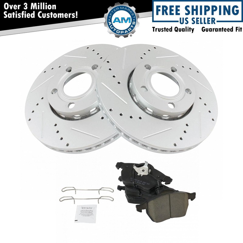 Front Ceramic Brake Pad & Performance Drilled Slotted Coated Rotor Kit