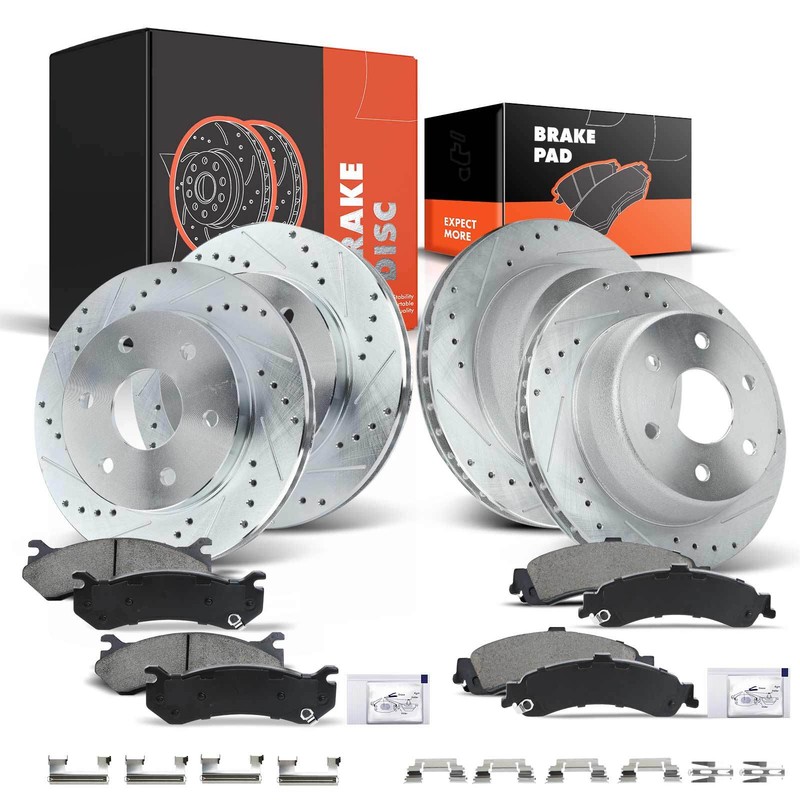 Drilled Rotors & Ceramic Brake Pad for Chevy Silverado GMC Cadillac Front & Rear