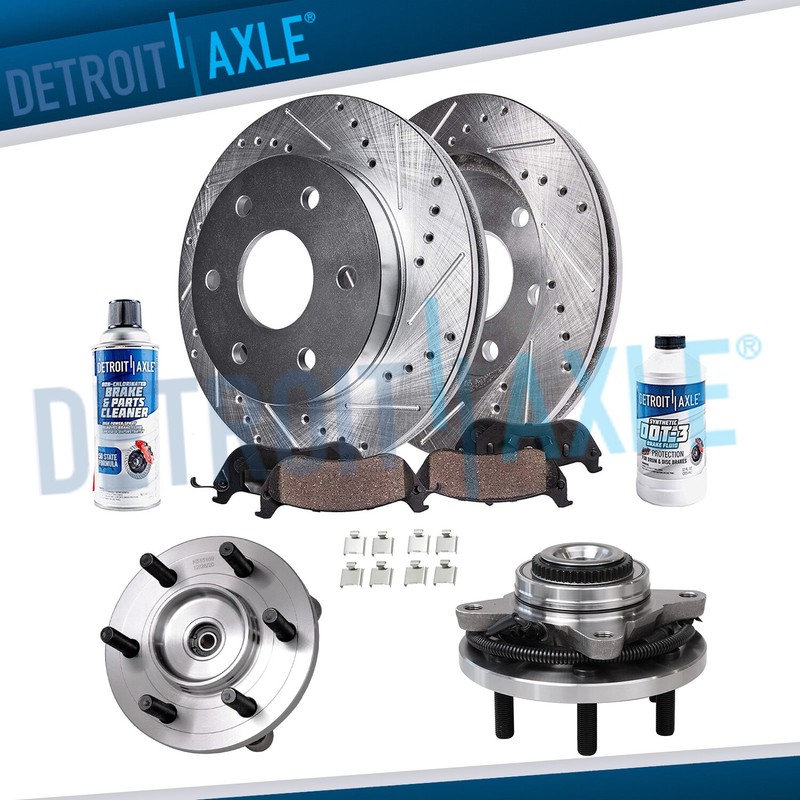 4WD Front Drilled Rotors Brake Pads Wheel Bearing Hubs for 2015-2017 Ford F-150