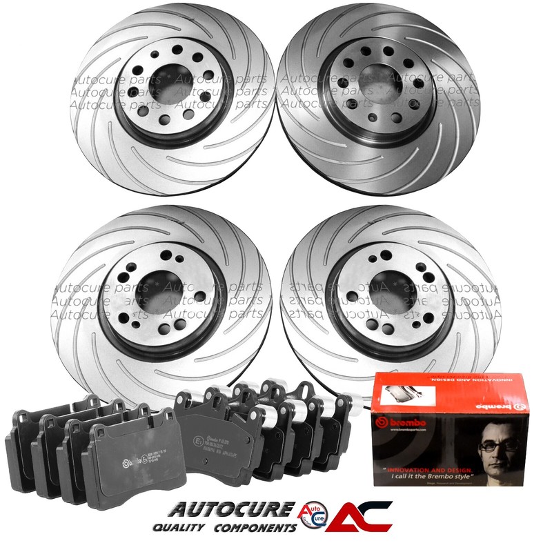 FITS VW TOUAREG V6 TDI (MK1) FRONT & REAR GROOVED BRAKE DISCS & BREMBO PADS SET