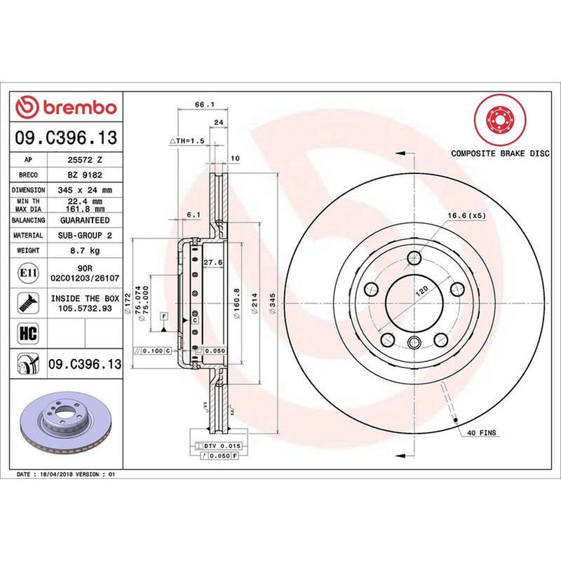 Brembo Prime Line Composite Vented Two-Piece Brake Disc 09.C396.13 Fits BMW
