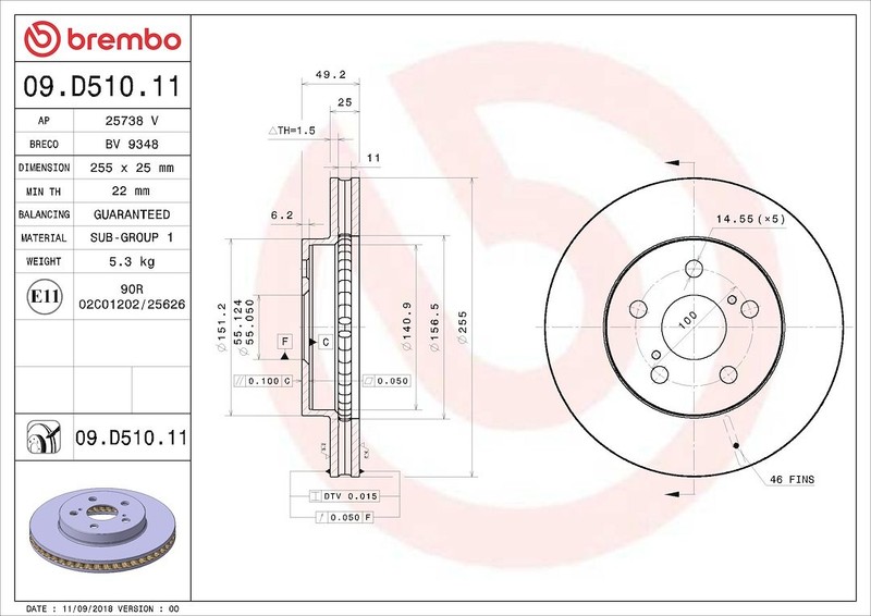 Brembo 09D51011C02 Brake Rotor Prime Vented Wheel Bolt Pattern 5 x 100mm Single gallery