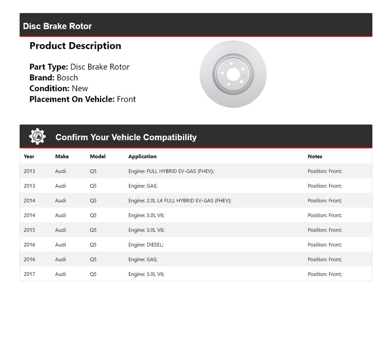 For 2013-2017 Audi Q5 Bosch QuietCast Disc Brake Rotor Front 2014 2015 2016 gallery