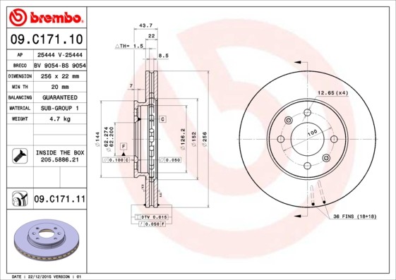 Brembo 09.C171.11 Brake Disc for Hyundai, Hyundai (Beijing), Kia, Kia (DYK)