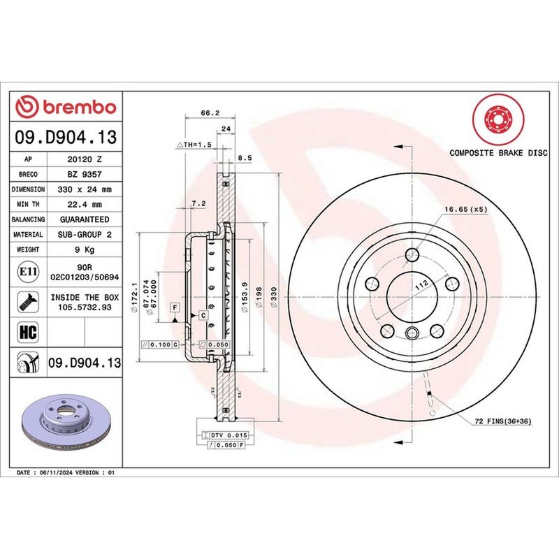 Brembo Prime Composite Vented Two-Piece Brake Disc – 09.D904.13 – OE Quality