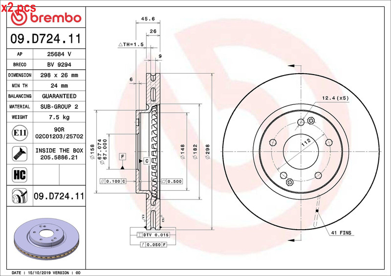 X2 PCS L&R SIDES FITS KG MOBILITY KORANDO 1.5 T-GDI BRAKE DISC 09.D724.11 BREMBO