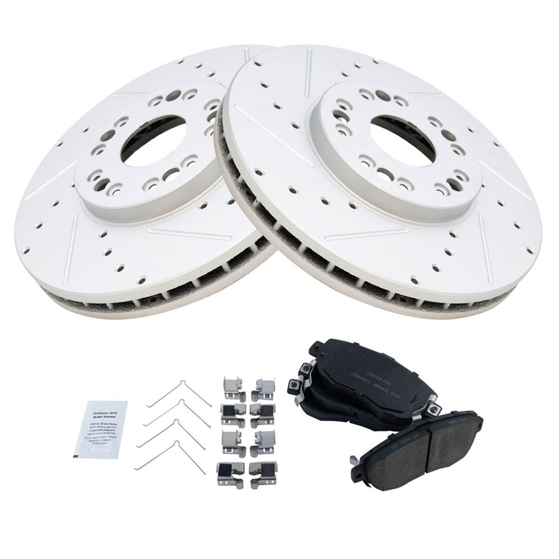 TRQ Front Performance Drilled & Slotted Brake Rotor & Posi Ceramic Pad Set gallery