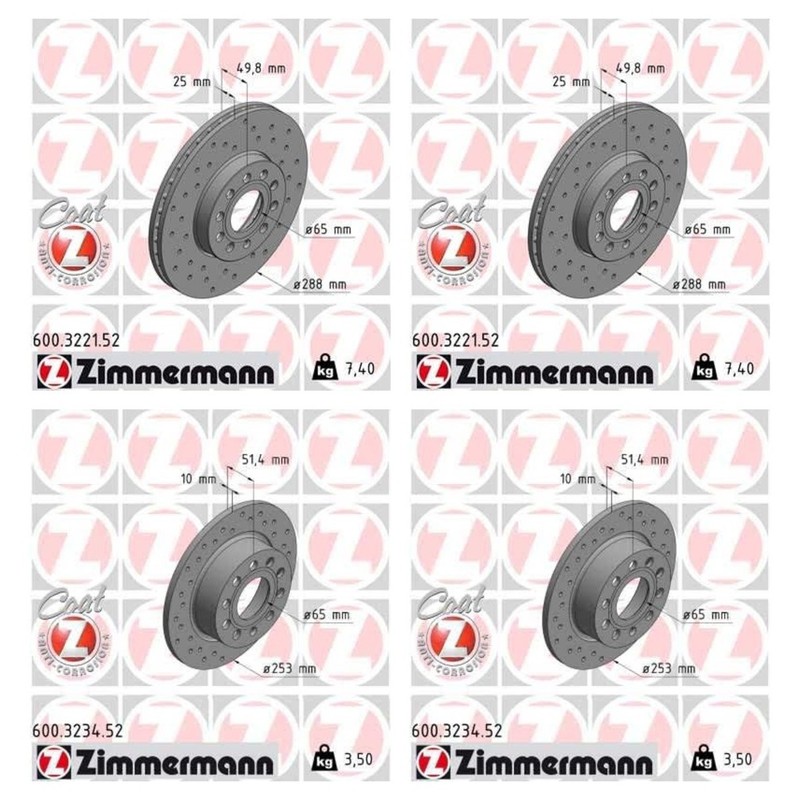 SET-ZXC600322152-B Zimmermann 4-Wheel Set Brake Discs Front & Rear  for VW Jetta