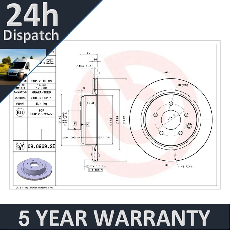 Fits Nissan Leaf 2010-2017 Electric PV Rear Brake Disc & Pads Kit