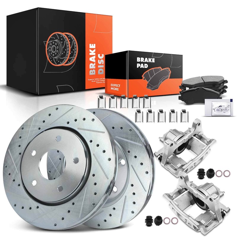 Drilled Brake Rotor & Brake Pad + Brake Caliper for Dodge Journey 09-12 Front