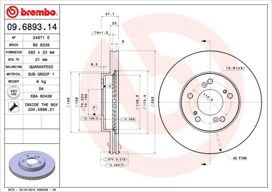 Brembo 09.6893.11 Brake Disc for Acura, Honda
