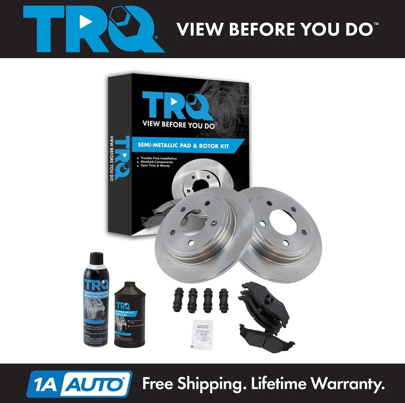 TRQ Semi Metallic Brake Pad & Rotor Rear Kit w/Fluids for Chrysler Dodge Eagle