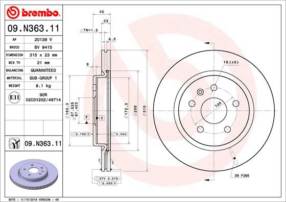 Brembo 09.N363.11 Brake Disc for Buick (SGM), Cadillac (SGM), Opel, Vauxhall