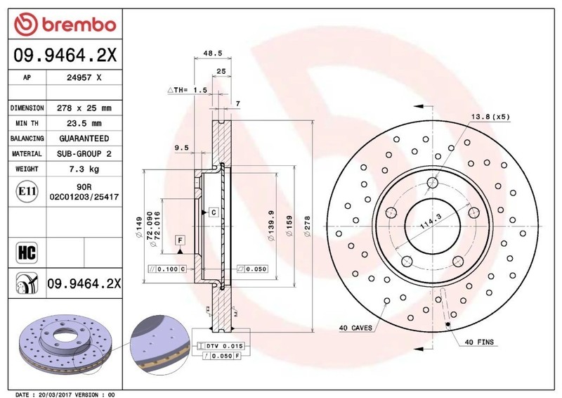 Brembo 09.9464.2X Xtra UV Coated Drilled Vented Brake Rotors - Front Pair gallery